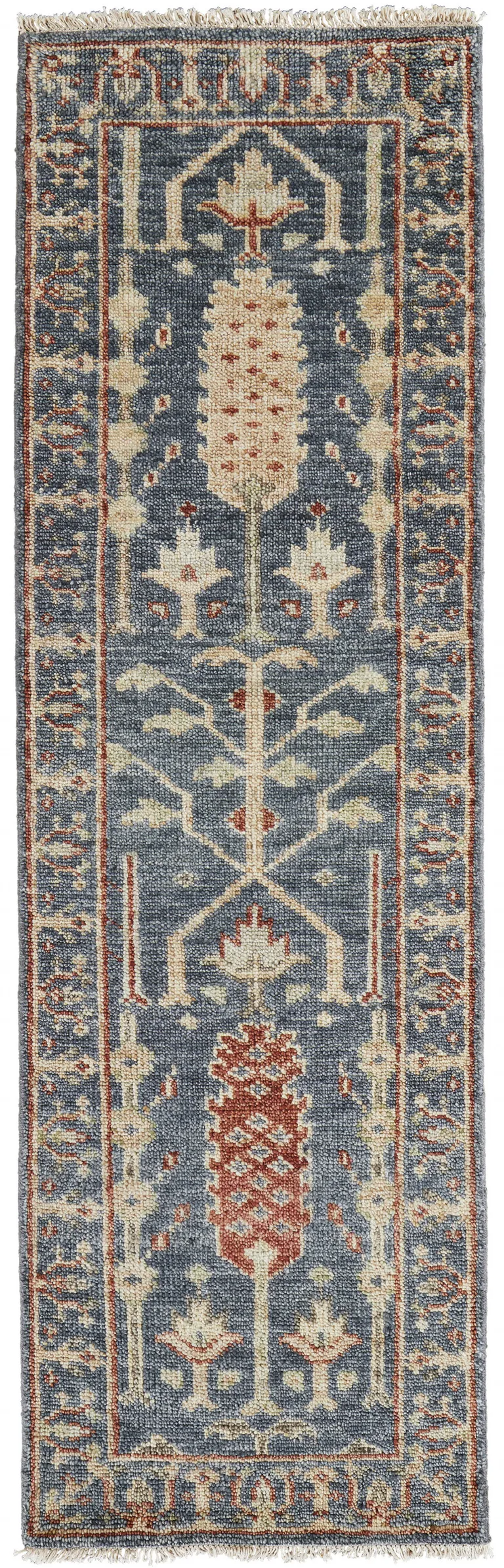 8' Gray Gold And Red Wool Floral Hand Knotted Stain Resistant Runner Rug With Fringe Photo 1