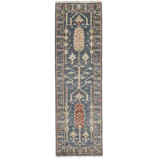 8' Gray Gold And Red Wool Floral Hand Knotted Stain Resistant Runner Rug With Fringe Photo 1