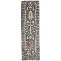 Photo of 8' Gray Gold And Red Wool Floral Hand Knotted Stain Resistant Runner Rug With Fringe