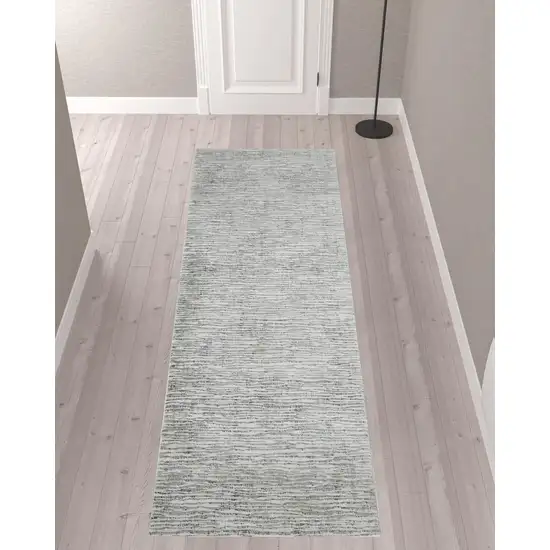 10' Gray Green And Ivory Striped Distressed Stain Resistant Runner Rug Photo 2