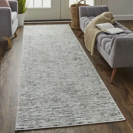 10' Gray Green And Ivory Striped Distressed Stain Resistant Runner Rug Photo 4