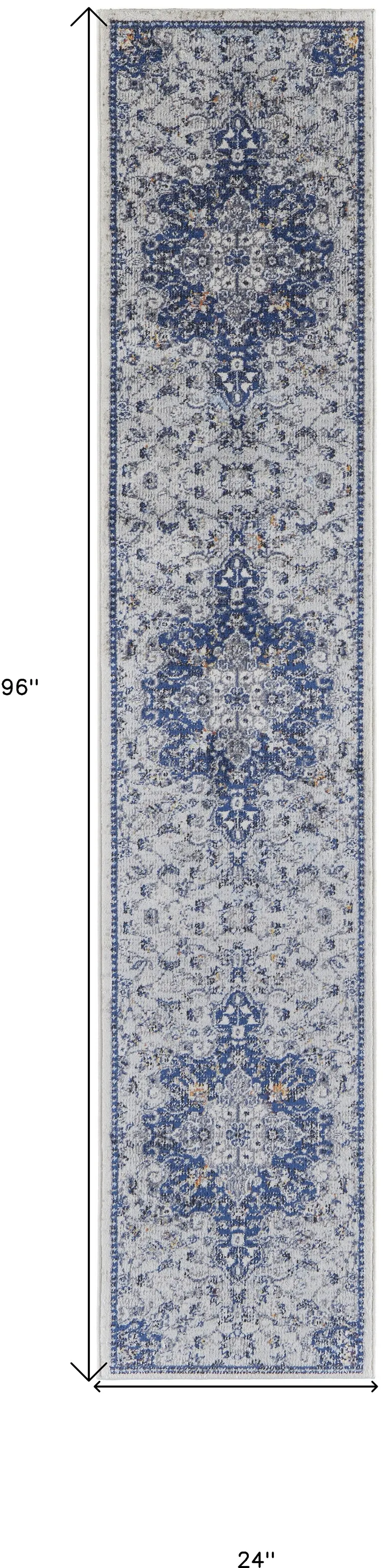 8' Gray Ivory And Blue Floral Power Loom Distressed Stain Resistant Runner Rug Photo 1