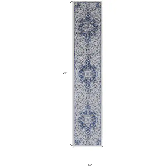 8' Gray Ivory And Blue Floral Power Loom Distressed Stain Resistant Runner Rug Photo 7