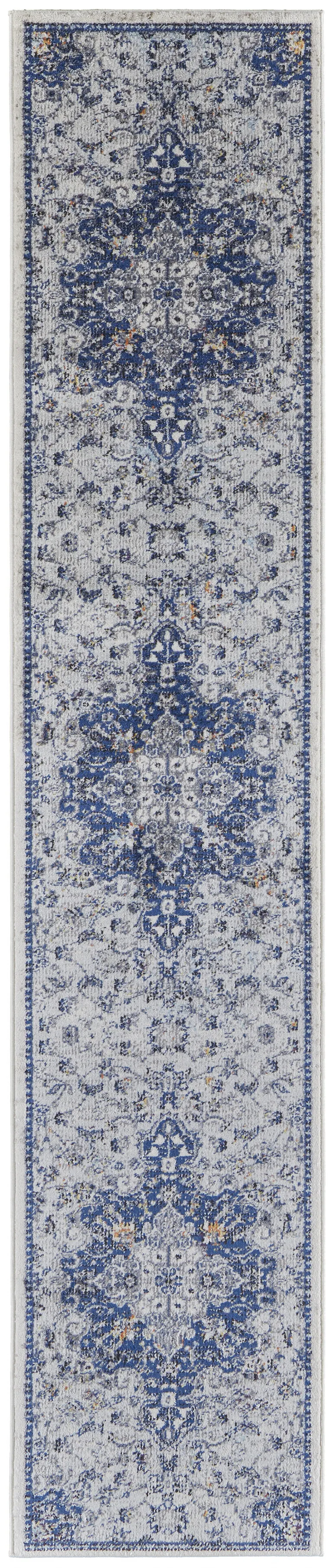 8' Gray Ivory And Blue Floral Power Loom Distressed Stain Resistant Runner Rug Photo 2