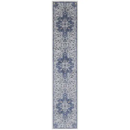 8' Gray Ivory And Blue Floral Power Loom Distressed Stain Resistant Runner Rug Photo 1