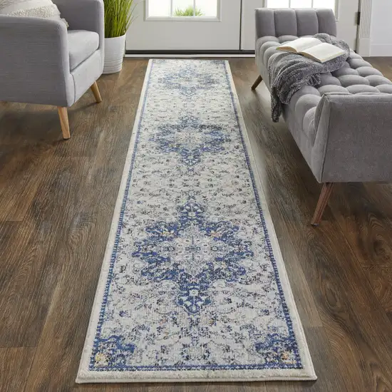 8' Gray Ivory And Blue Floral Power Loom Distressed Stain Resistant Runner Rug Photo 3