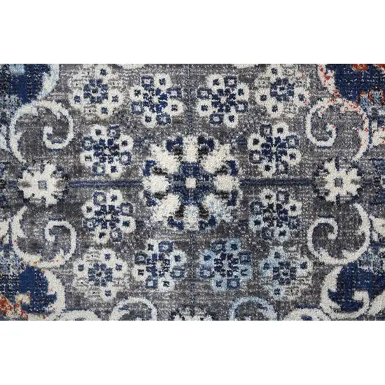 8' Gray Ivory And Blue Floral Power Loom Distressed Stain Resistant Runner Rug Photo 5