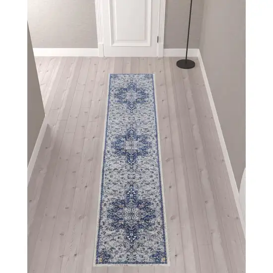 10' Gray Ivory And Blue Floral Power Loom Distressed Stain Resistant Runner Rug Photo 2