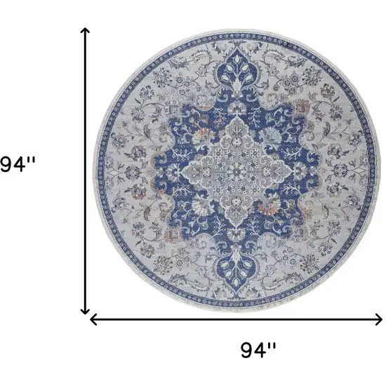 8' Gray Ivory And Blue Round Floral Power Loom Distressed Stain Resistant Area Rug Photo 7