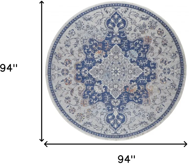 8' Gray Ivory And Blue Round Floral Power Loom Distressed Stain Resistant Area Rug Photo 5