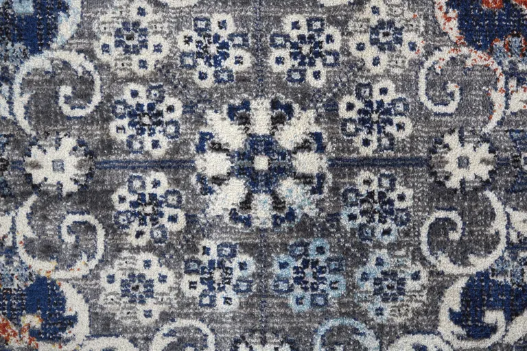 8' Gray Ivory And Blue Round Floral Power Loom Distressed Stain Resistant Area Rug Photo 3