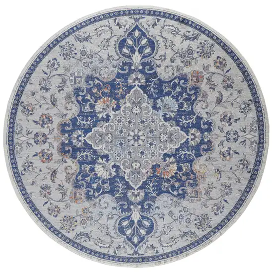 8' Gray Ivory And Blue Round Floral Power Loom Distressed Stain Resistant Area Rug Photo 1