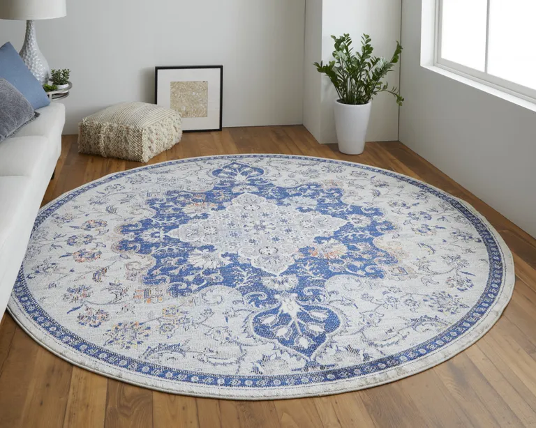 8' Gray Ivory And Blue Round Floral Power Loom Distressed Stain Resistant Area Rug Photo 1