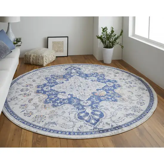 8' Gray Ivory And Blue Round Floral Power Loom Distressed Stain Resistant Area Rug Photo 3