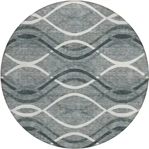 Photo of 8' Gray Ivory And Charcoal Round Abstract Washable Indoor Outdoor Area Rug