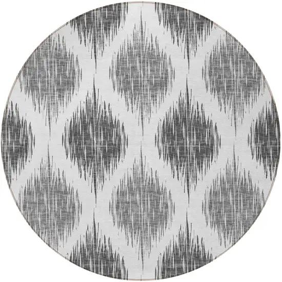 8' Gray Ivory And Charcoal Round Ikat Washable Indoor Outdoor Area Rug Photo 5