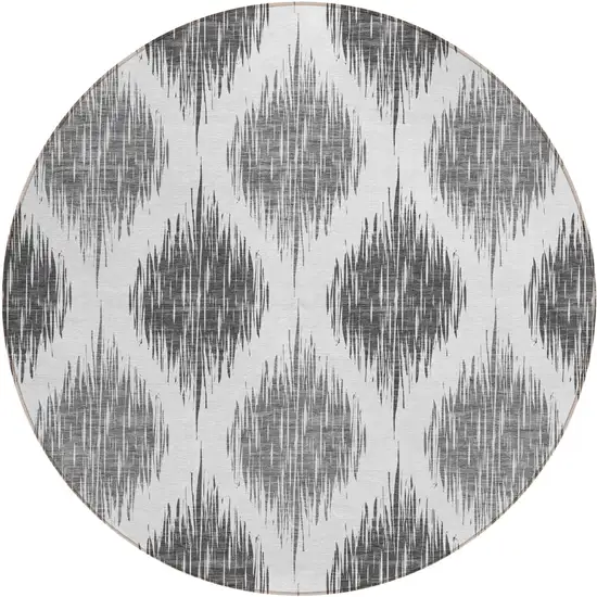 8' Gray Ivory And Charcoal Round Ikat Washable Indoor Outdoor Area Rug Photo 2