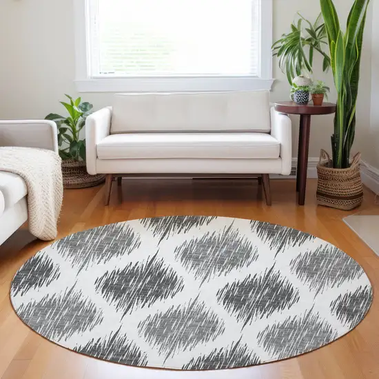 8' Gray Ivory And Charcoal Round Ikat Washable Indoor Outdoor Area Rug Photo 7