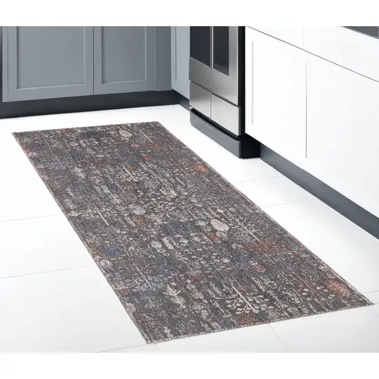 Gray and Ivory Floral Power Loom Runner Rug Photo 1