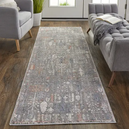 8' Gray Ivory And Orange Floral Power Loom Runner Rug Photo 4