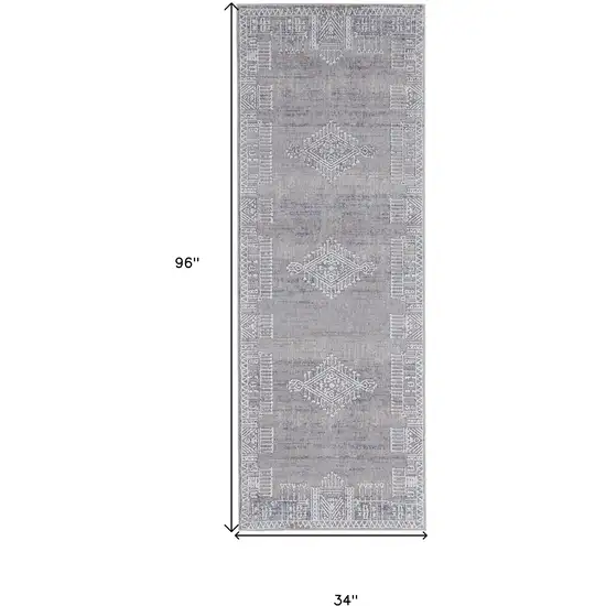 8' Gray Ivory And Orange Geometric Power Loom Distressed Stain Resistant Runner Rug Photo 7