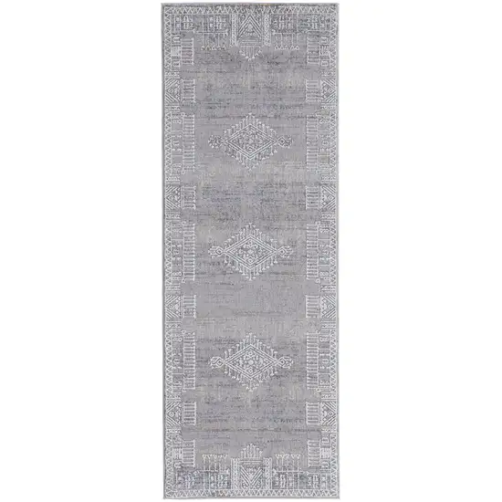 8' Gray Ivory And Orange Geometric Power Loom Distressed Stain Resistant Runner Rug Photo 1