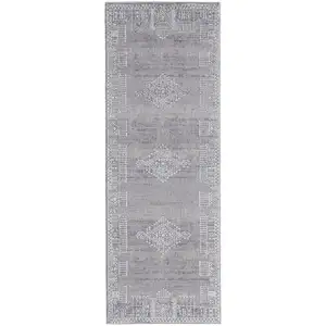 Photo of 8' Gray Ivory And Orange Geometric Power Loom Distressed Stain Resistant Runner Rug