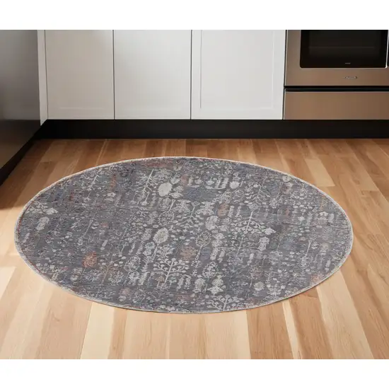 6' Gray and Ivory Round Floral Power Loom Area Rug Photo 1