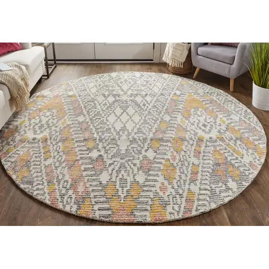 8' Gray Ivory And Orange Round Wool Geometric Tufted Handmade Area Rug Photo 7