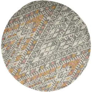 Photo of 8' Gray Ivory And Orange Round Wool Geometric Tufted Handmade Area Rug