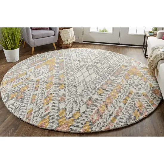 8' Gray Ivory And Orange Round Wool Geometric Tufted Handmade Area Rug Photo 6