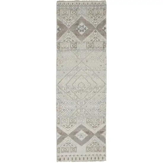 10' Gray Ivory And Pink Geometric Hand Knotted Runner Rug Photo 1