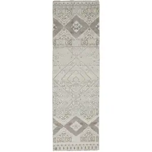 Photo of 10' Gray Ivory And Pink Geometric Hand Knotted Runner Rug