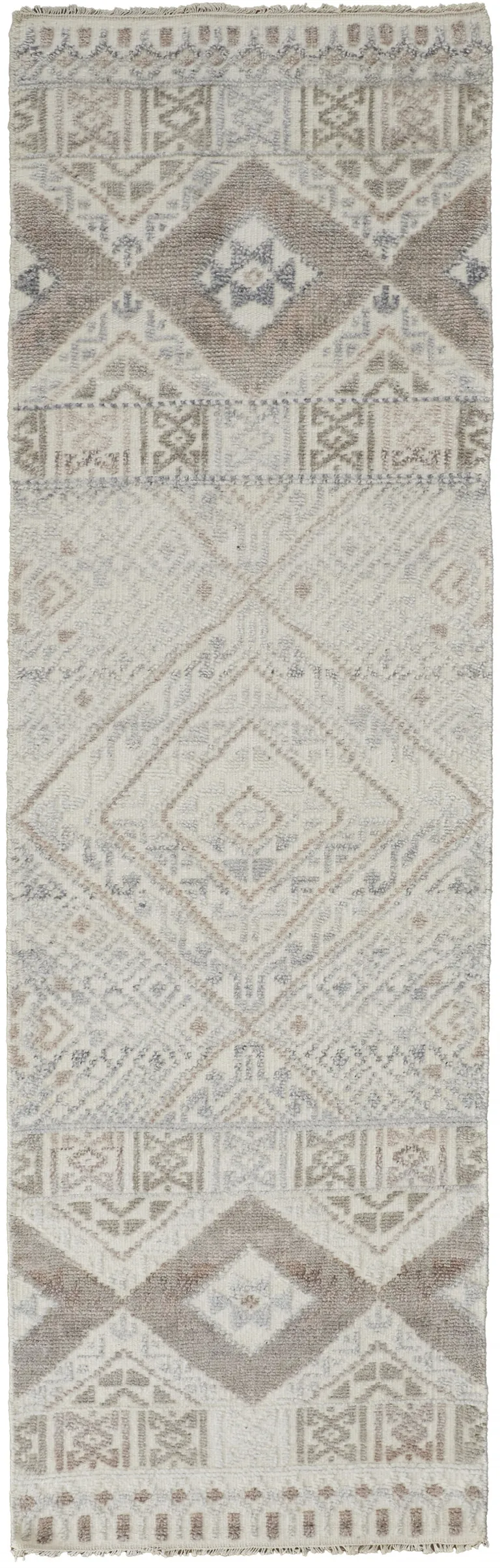 8' Gray Ivory And Pink Geometric Hand Knotted Runner Rug Photo 1