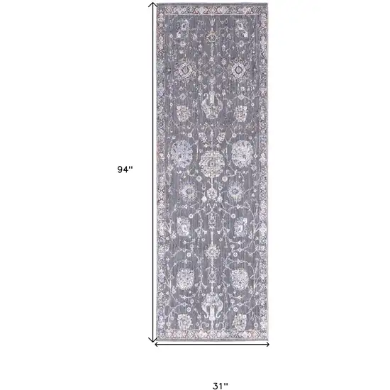 8' Gray Ivory And Red Floral Power Loom Runner Rug Photo 4