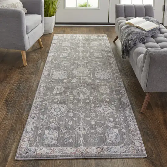 8' Gray Ivory And Red Floral Power Loom Runner Rug Photo 2