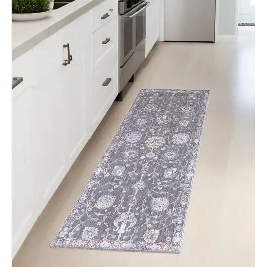 Gray and Ivory Floral Power Loom Runner Rug Photo 1