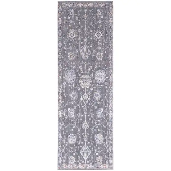 8' Gray Ivory And Red Floral Power Loom Runner Rug Photo 1