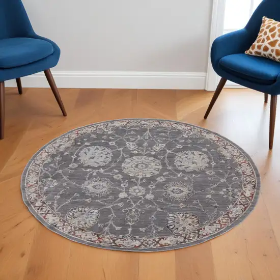 6' Gray and Ivory Round Floral Power Loom Area Rug Photo 1