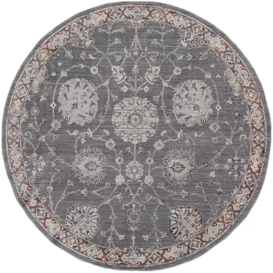 6' Gray Ivory And Red Round Floral Power Loom Area Rug Photo 1