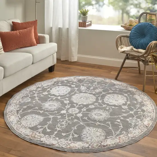 6' Gray Ivory And Red Round Floral Power Loom Area Rug Photo 4