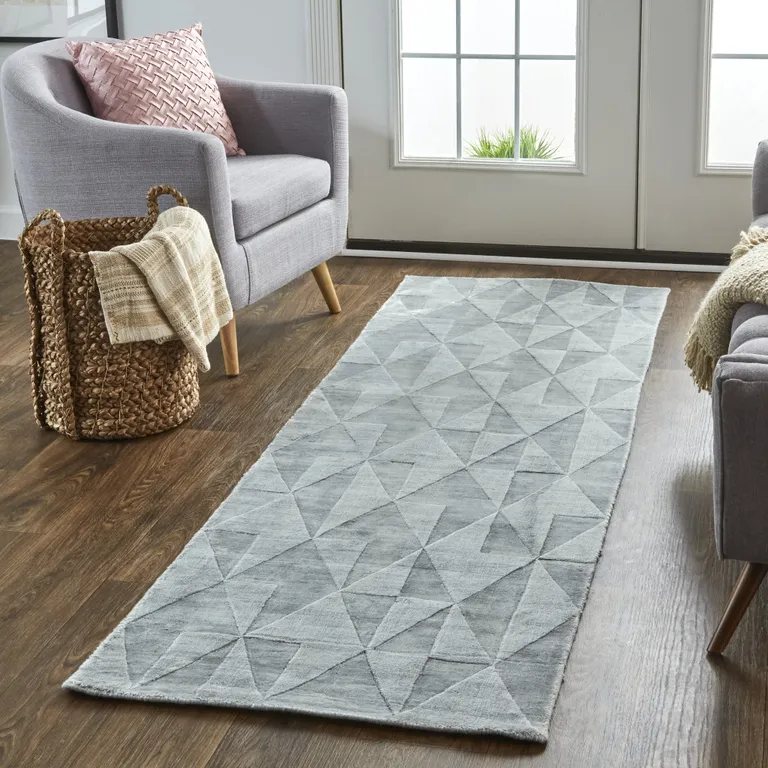 8' Gray Ivory And Silver Geometric Hand Woven Runner Rug Photo 5