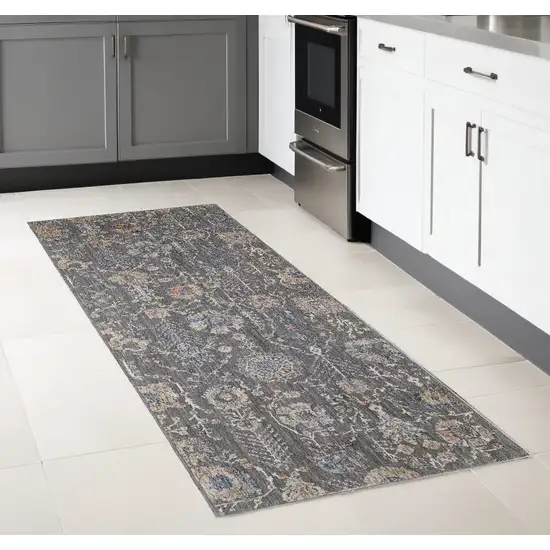 Gray and Ivory Floral Power Loom Runner Rug Photo 1