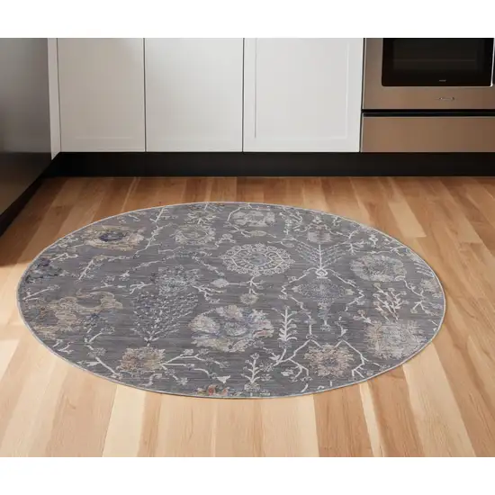 6' Gray and Ivory Round Floral Power Loom Area Rug Photo 1