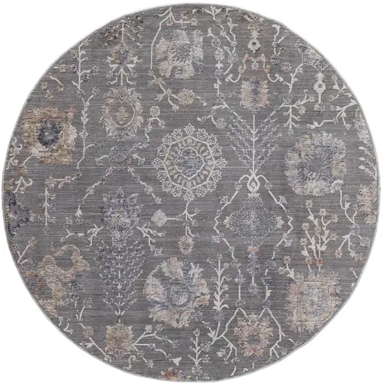 6' Gray Ivory And Tan Round Floral Power Loom Area Rug Photo 1