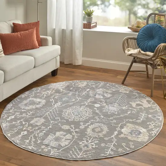 6' Gray Ivory And Tan Round Floral Power Loom Area Rug Photo 4