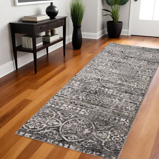 8' Gray and Ivory Abstract Runner Rug Photo 2