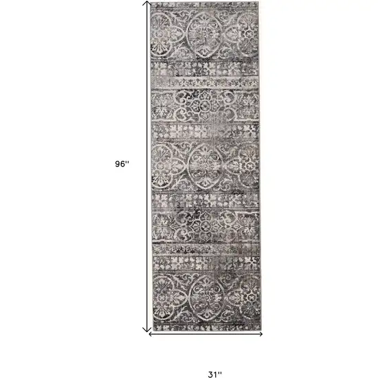 8' Gray and Ivory Abstract Runner Rug Photo 7