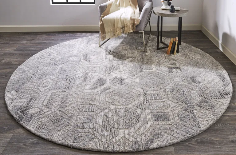 8' Gray Ivory And Taupe Round Wool Abstract Tufted Handmade Area Rug Photo 5