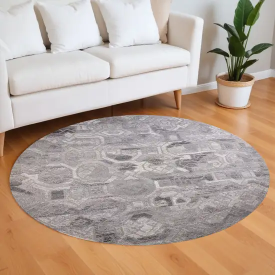 8' Gray and Ivory Round Wool Abstract Hand Tufted Area Rug Photo 1